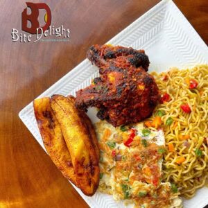 Stir-fry Noodles, Fried Eggs & Grillled Peppered Chicken